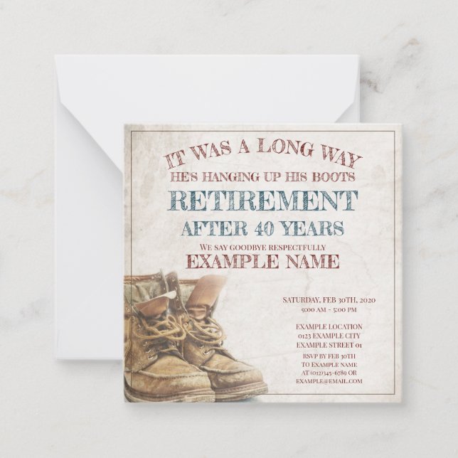 Invitación de la jubilación con botas viejas (Anverso)