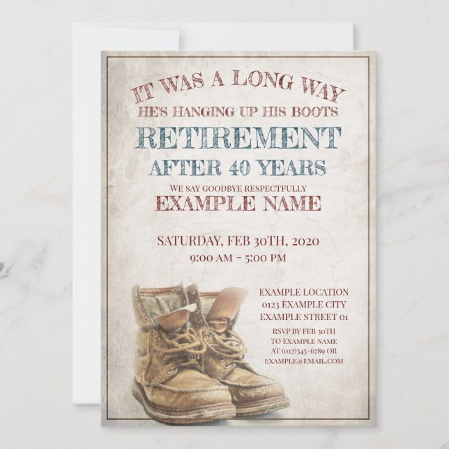 Invitación de la jubilación con botas viejas (Anverso)