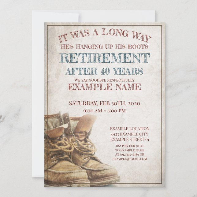 Invitación de la jubilación con botas viejas (Anverso)