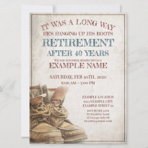 Invitación de la jubilación con botas viejas