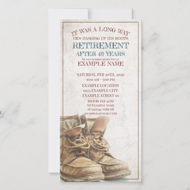 Invitación de la jubilación con botas viejas (Anverso)