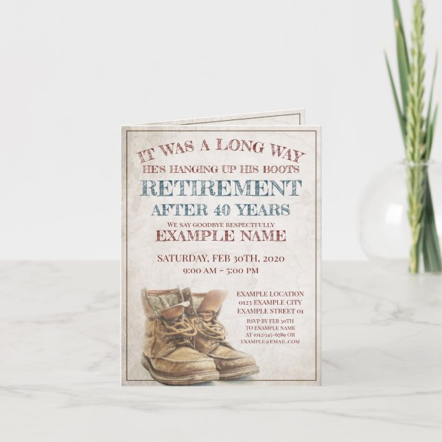 Invitación de la jubilación con botas viejas (Anverso)