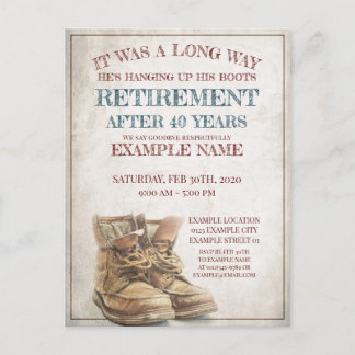 Invitación de la jubilación con botas viejas