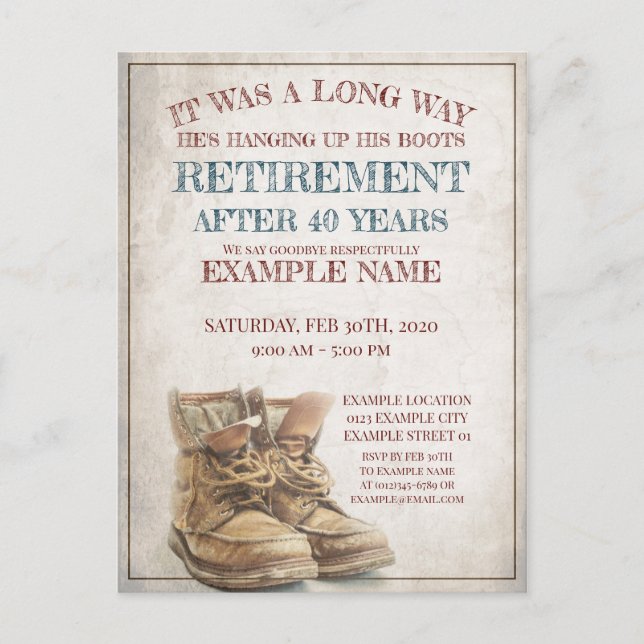 Invitación de la jubilación con botas viejas (Anverso)