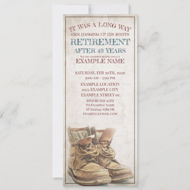 Invitación de la jubilación con botas viejas (Anverso)