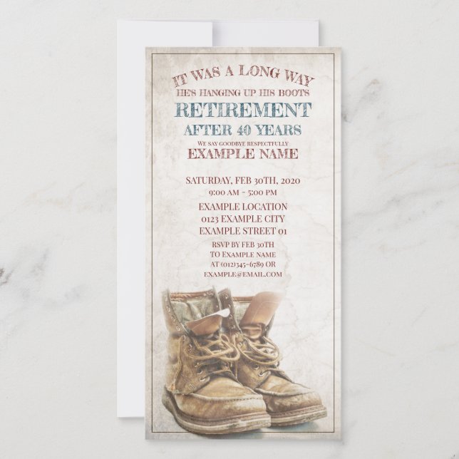 Invitación de la jubilación con botas viejas (Anverso)