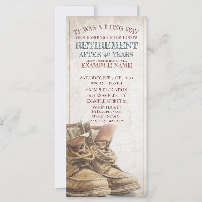 Invitación de la jubilación con botas viejas (Anverso)