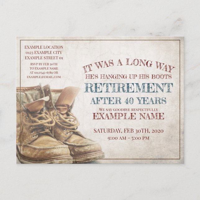 Invitación de la jubilación con botas viejas (Anverso)