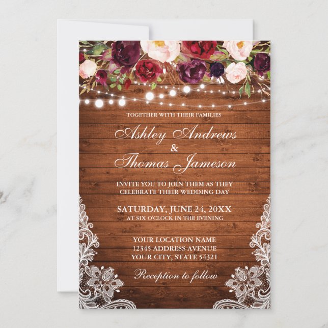 Invitación de la madera de encaje floral de Boda r (Anverso)