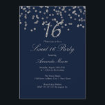 Invitación de la Marina Confetti Plata Dulce<br><div class="desc">Más bonito Dulce 16 Invitaciones en la Pequeña Tienda Bayleigh!</div>