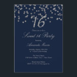 Invitación de la Marina Confetti Plata Dulce<br><div class="desc">Más bonito Dulce 16 Invitaciones en la Pequeña Tienda Bayleigh!</div>