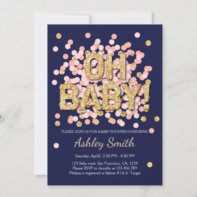 Invitación de la Marina de Oro Rosa de Baby Shower (Anverso)