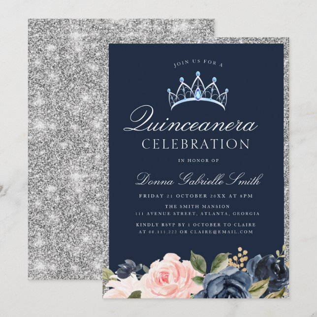 Invitación de la marina floral y la quinceañera pl (Anverso / Reverso)