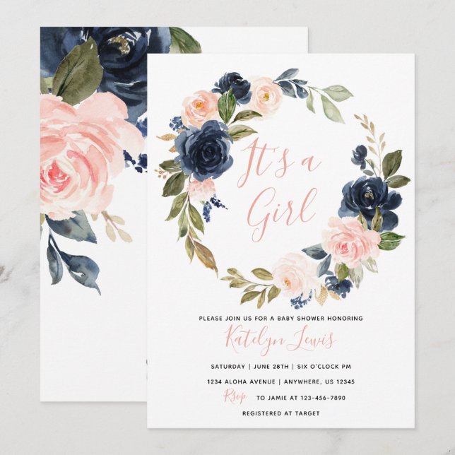 Invitación de la Marina y Rubor Baby Shower para C (Anverso / Reverso)