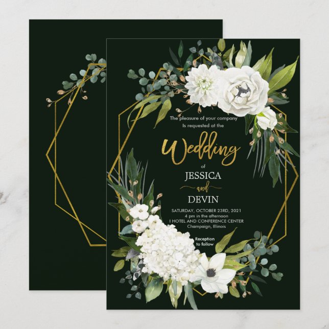 Invitación de la moderna floral dorada en el marco (Anverso / Reverso)