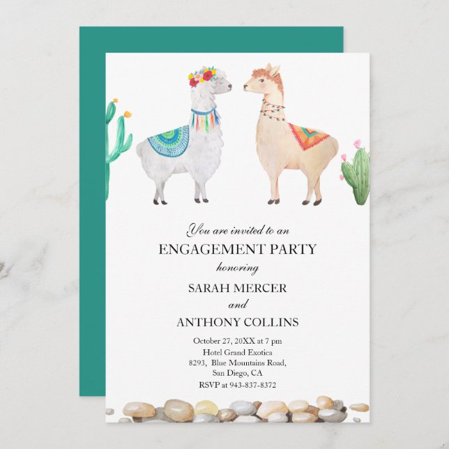 Invitación de la Pareja Llama Engagement Party (Anverso / Reverso)