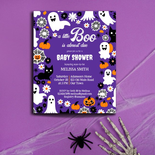 Invitación de la pequeña plantilla de ducha de beb (Halloween baby shower budget invitation cute ghosts groovy retro daisies pumpkins purple for a girl)