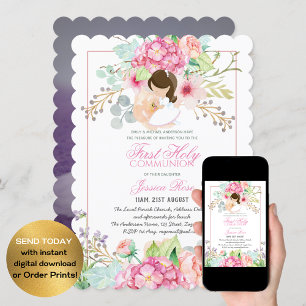 Invitación de la primera comunión a acuarela Flora