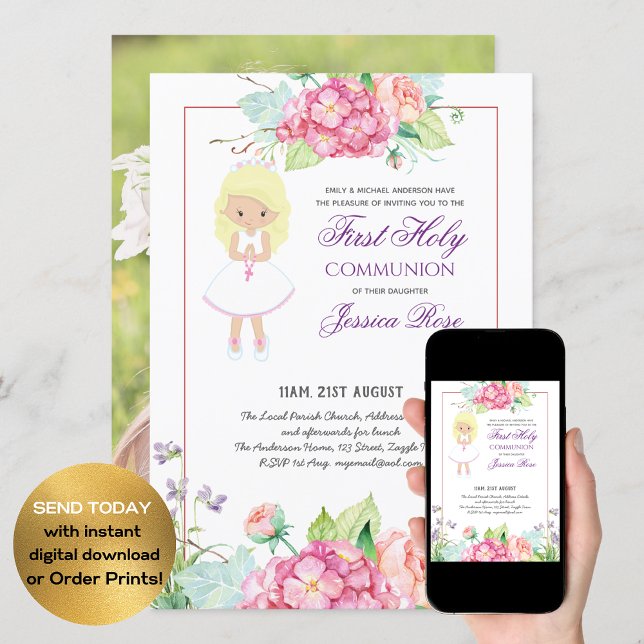 Invitación de la primera comunión a acuarela Flora (Subido por el creador)