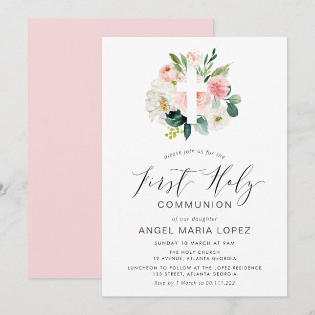 invitación de la primera comunión a flores de colo (Anverso / Reverso)