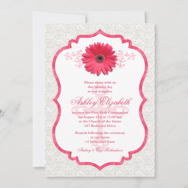 Invitación de la primera comunión a Pink Daisy Whi (Anverso)
