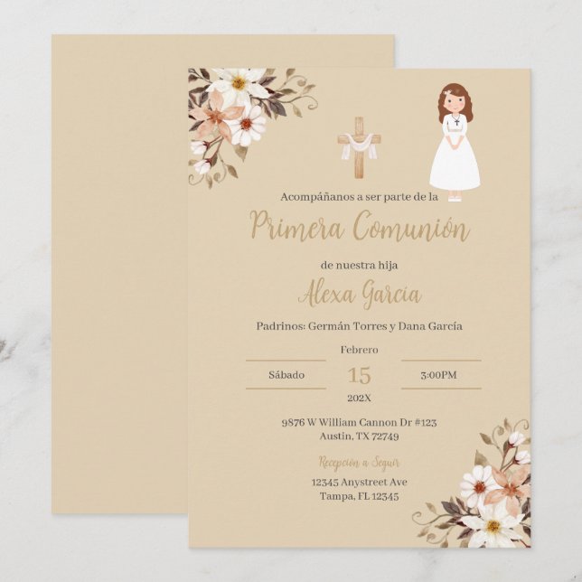 Invitación de la primera comunión con flores de Be (Anverso / Reverso)
