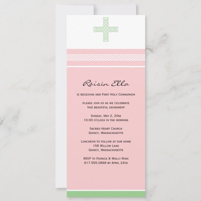 Invitación de la primera comunión entre rosa y ver (Anverso)