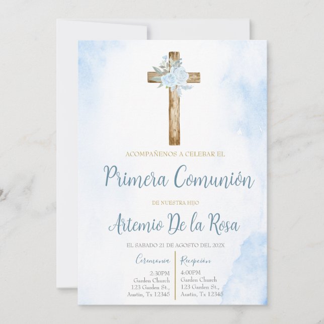 Invitación de la primera comunión floral azul (Anverso)