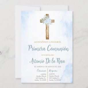 Invitación de la primera comunión floral azul