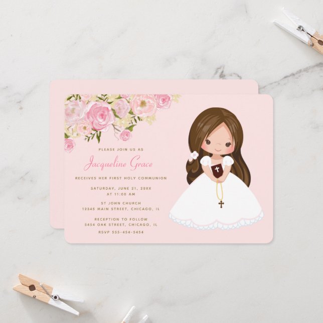Invitación de la primera comunión floral Rosa (Anverso/Reverso In Situ)