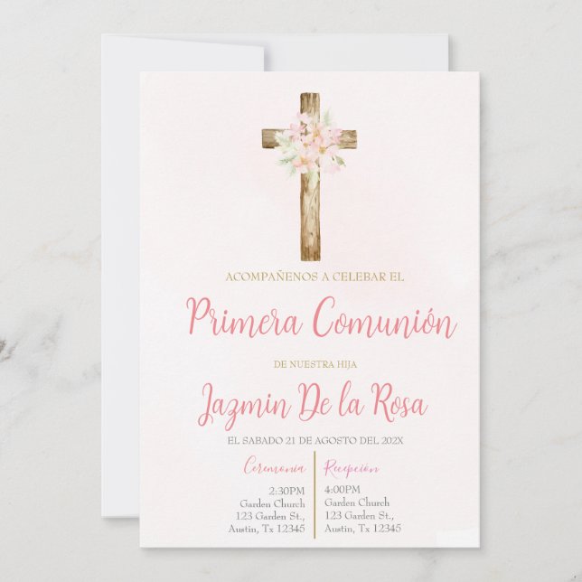 Invitación de la primera comunión floral rosa (Anverso)