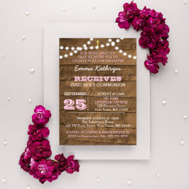 Invitación de la primera comunión rosa a las luces