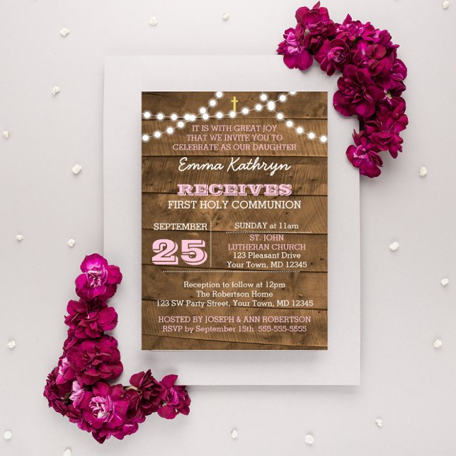 Invitación de la primera comunión rosa a las luces (Subido por el creador)