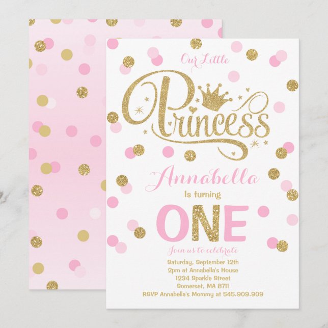 Invitación de la Princesa de 1er cumpleaños Invita (Anverso / Reverso)