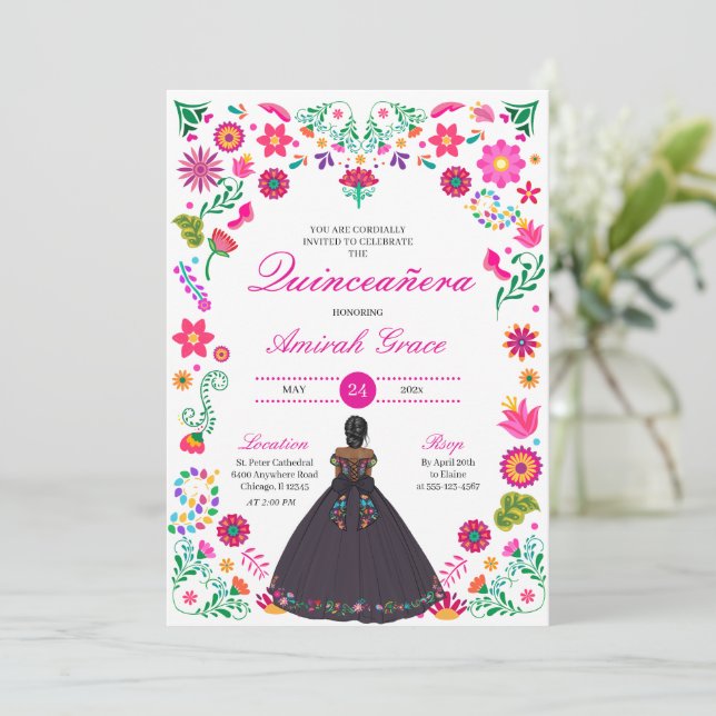 Invitación de la princesa de Bordado otomí Quincea (Anverso de pie)