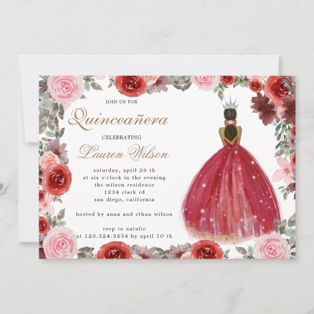 invitación de la princesa floral burdeos Quinceane (Anverso)