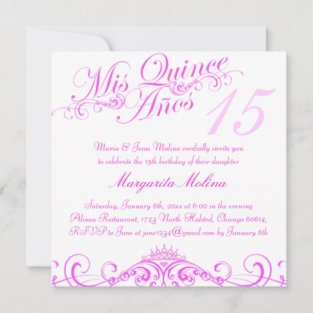 Invitación de la princesa rosa Tiara Quinceanera (Anverso)