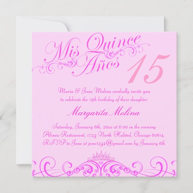 Invitación de la princesa Tiara Pink Quinceanera (Anverso)