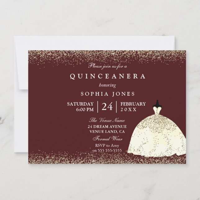Invitación de la Purpurina Quinceanera, vestido de (Reverso)