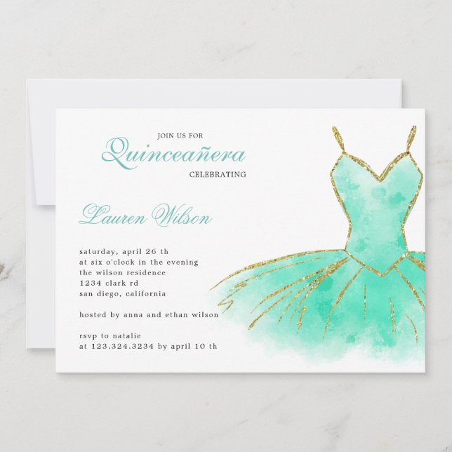 Invitación de la Purpurina turquesa Gown Quinceane (Anverso)
