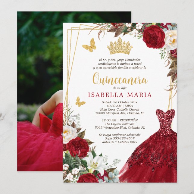 Invitación de la quinceañera de la tiara de oro ro (Anverso / Reverso)