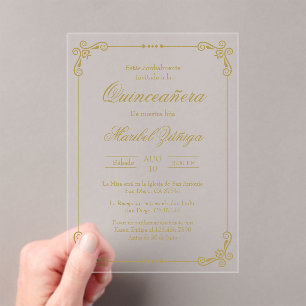 Invitación de la quinceañera de oro acrílico