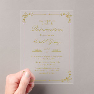 Invitación de la quinceañera de oro acrílico