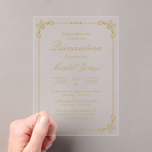 Invitación de la quinceañera de oro acrílico (Insitu (portátil))