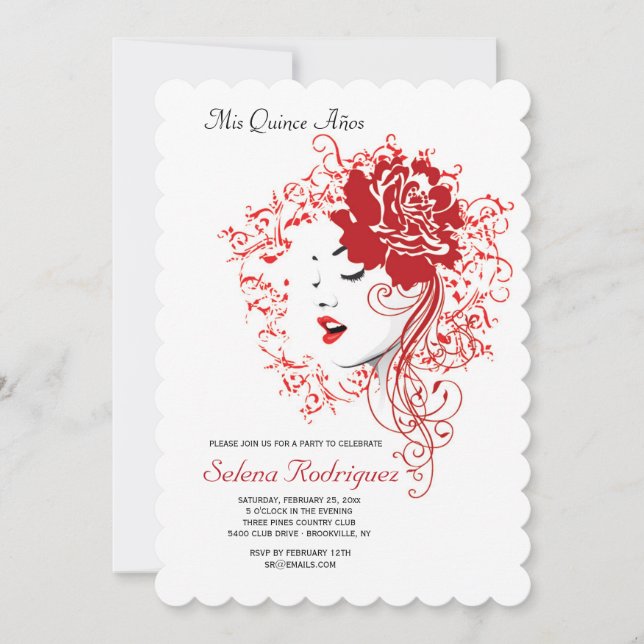 Invitación de la Quinceañera Roja Rosa (Anverso)
