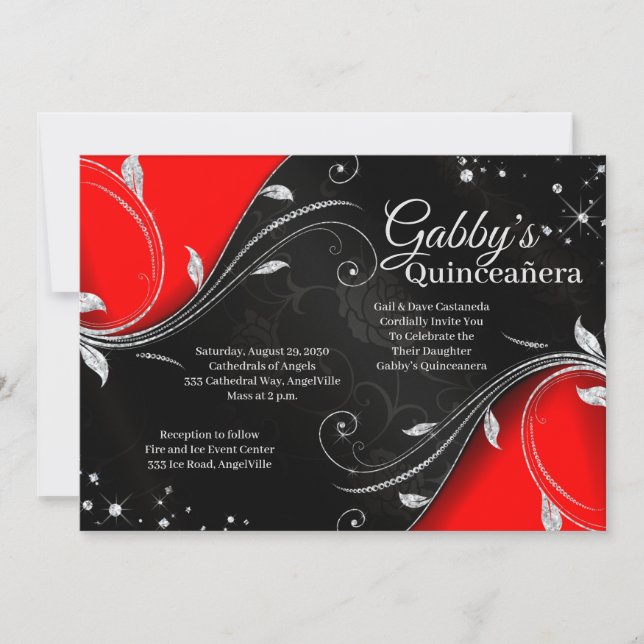 Invitación de la quinceañera roja y negra o dulce  (Anverso)