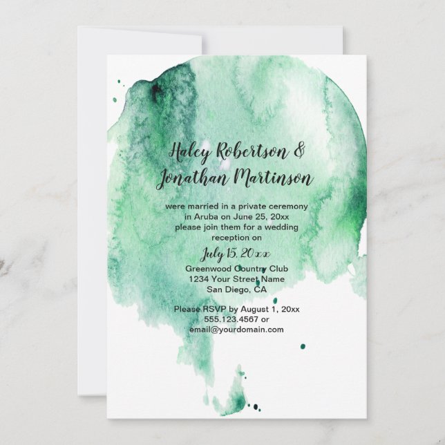 Invitación de la recepción de color de agua verde  (Anverso)