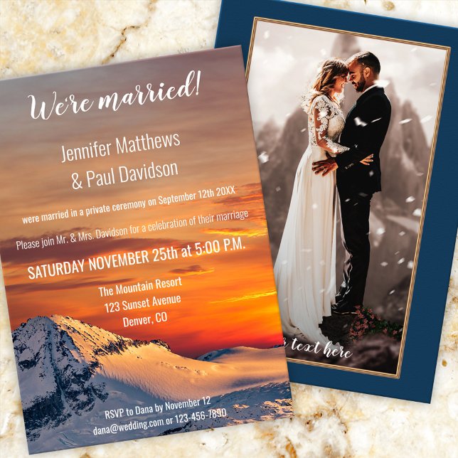 Invitación de la recepción de la boda de la luna (Wedding reception only, post or after wedding invitation featuring a sunset on a winter wonderland)