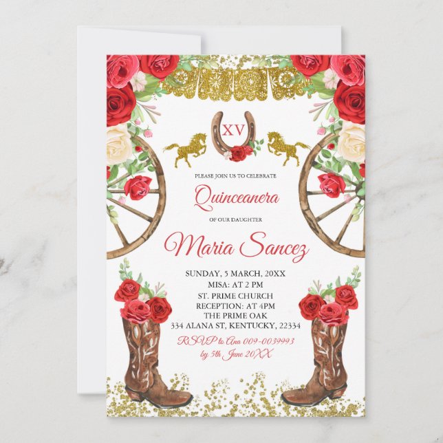Invitación de la Rosa Roja Mexicana Charra Quincea (Anverso)