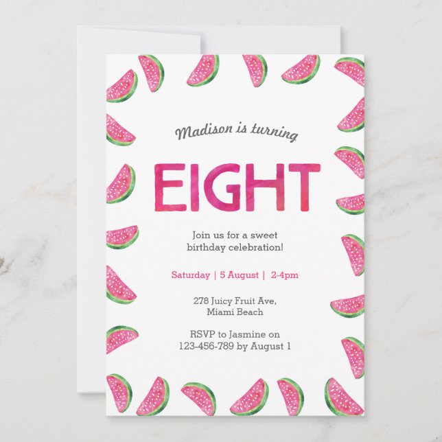 Invitación de la sandía al cumpleaños 8 (Anverso)